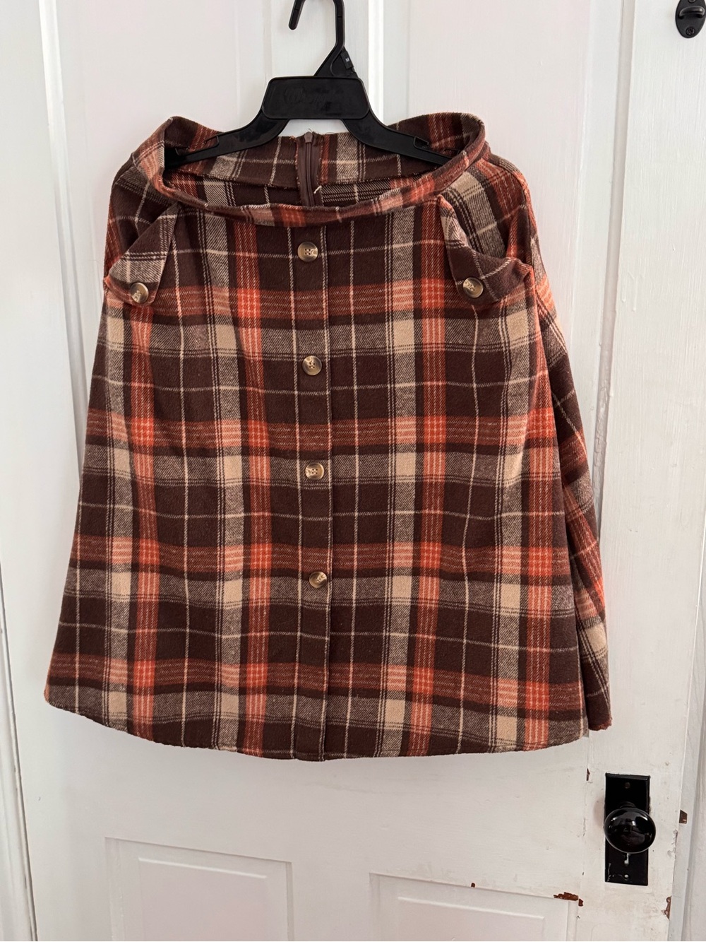 SHEIN Brown Orange Cream Plaid Button-Front A-Line Skirt